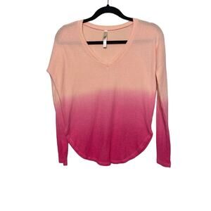 Live Love Dream Ombre Waffle Knit Top Long Sleeve VNeck Curved Hem Beige Pink XS